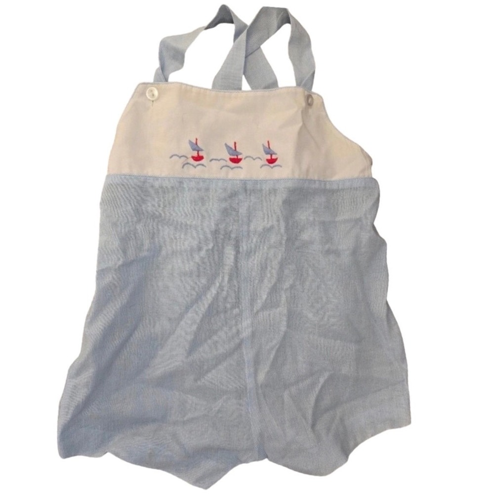 Alison Scott Vintage Seersucker Sailboat Embroidered Romper Blue White 24 Months